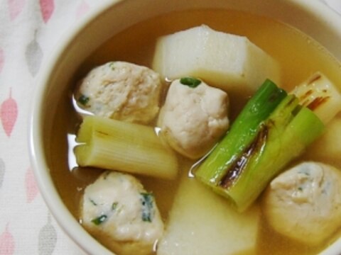 長いもと焼き葱の鶏団子あったかスープ